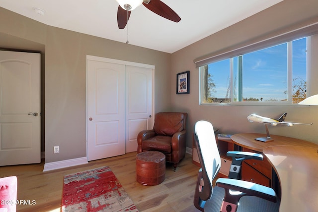 office space with ceiling fan and light hardwood / wood-style floors