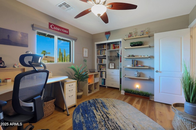 office area featuring ceiling fan and light hardwood / wood-style flooring