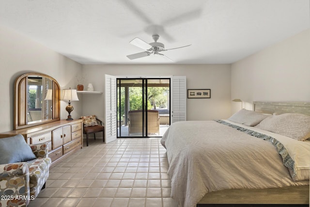 tiled bedroom featuring access to exterior and ceiling fan