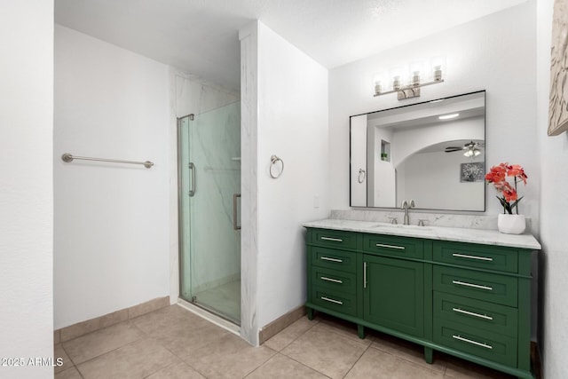 full bath with a ceiling fan, a shower stall, vanity, and baseboards