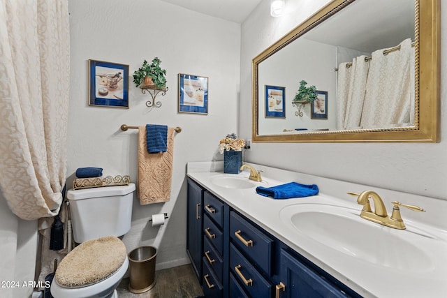 bathroom with vanity, hardwood / wood-style floors, and toilet