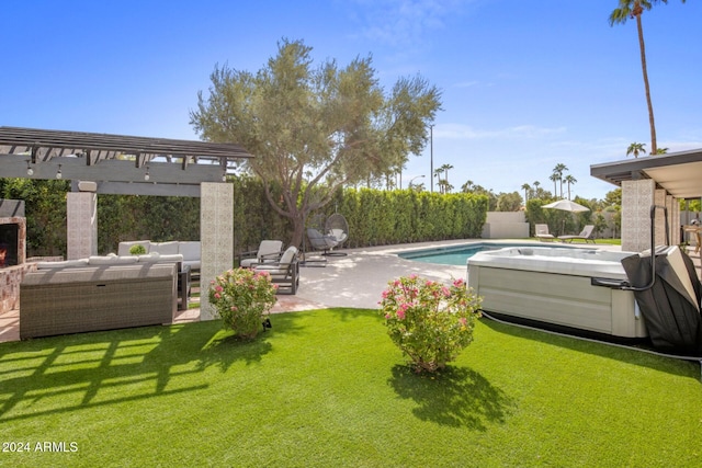 view of pool with a hot tub, a lawn, outdoor lounge area, a pergola, and a patio