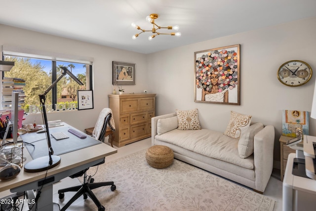 home office with a notable chandelier