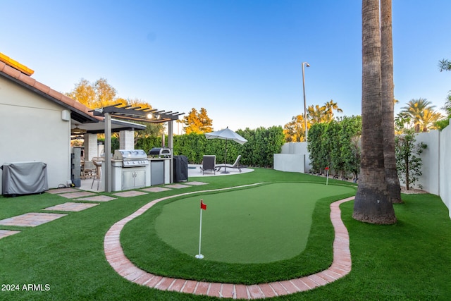 view of yard with exterior kitchen, a pergola, and a patio