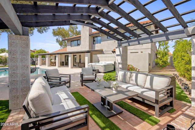 view of patio / terrace with a swimming pool with hot tub, outdoor lounge area, and a pergola