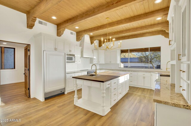 kitchen featuring paneled fridge, visible vents, white microwave, wood ceiling, and butcher block countertops