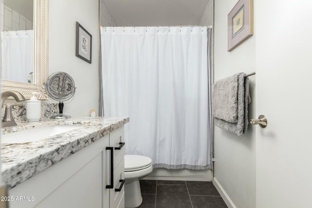 full bathroom with toilet, tile patterned floors, vanity, and shower / tub combo