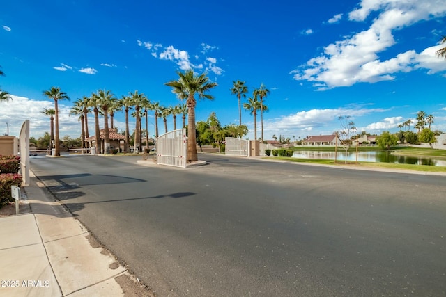 view of street with a water view