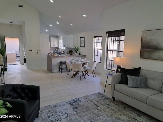 living room featuring light wood-type flooring and high vaulted ceiling