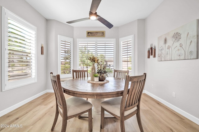 dining room with ceiling fan and light hardwood / wood-style flooring