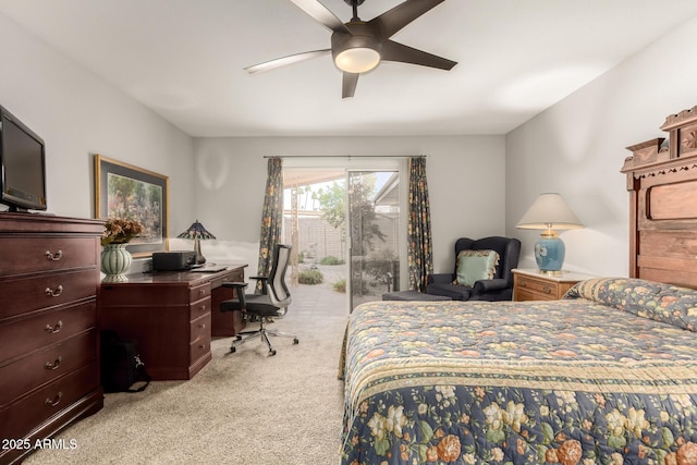 bedroom featuring ceiling fan, access to outside, and light colored carpet