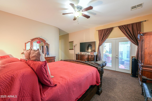 2115 N Cougar Ct, Casa Grande, AZ 85122 - bedroom with dark colored carpet, french doors, visible vents, access to exterior, and ceiling fan