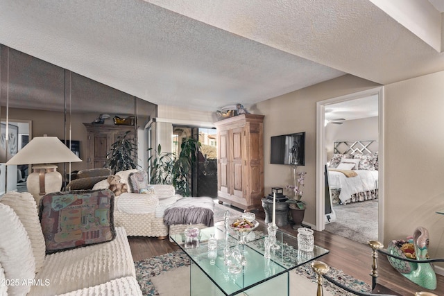 living room featuring wood-type flooring and a textured ceiling