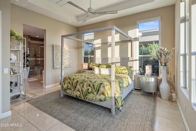 12311 E Black Rock Rd, Scottsdale, AZ 85255 - bedroom with multiple windows, tile patterned floors, baseboards, recessed lighting, and a tray ceiling