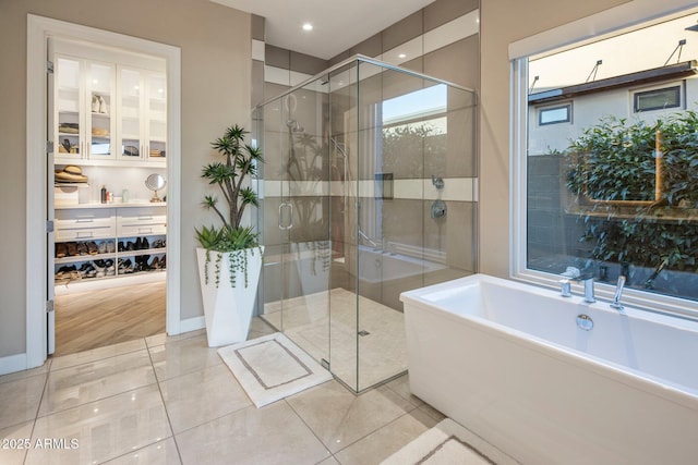 12311 E Black Rock Rd, Scottsdale, AZ 85255 - full bathroom featuring a freestanding tub, a stall shower, tile patterned flooring, and recessed lighting