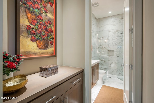 12311 E Black Rock Rd, Scottsdale, AZ 85255 - bathroom with marble finish floors, a marble finish shower, vanity, recessed lighting, and toilet