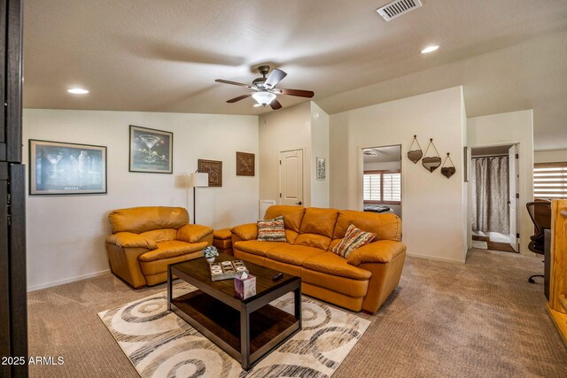 2540 W Waters Edge Ln, Lakeside, AZ 85929 - living room featuring a ceiling fan, light colored carpet, vaulted ceiling, and recessed lighting
