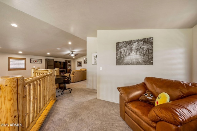 2540 W Waters Edge Ln, Lakeside, AZ 85929 - sitting room featuring light colored carpet, ceiling fan, vaulted ceiling, and recessed lighting