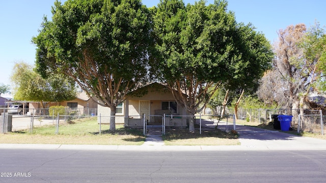 view of front facade featuring a fenced front yard, stucco siding, and a gate