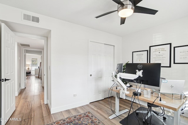 office area featuring light wood-type flooring, visible vents, ceiling fan, and baseboards