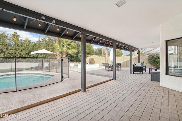 view of pool with a fenced backyard, a fenced in pool, and a patio