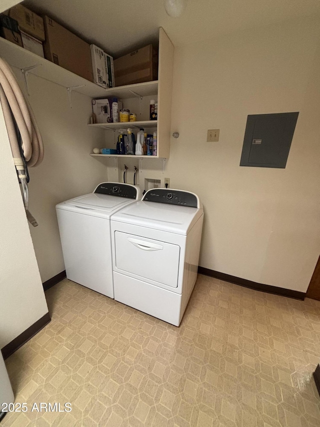 laundry area featuring washing machine and dryer, laundry area, electric panel, and baseboards