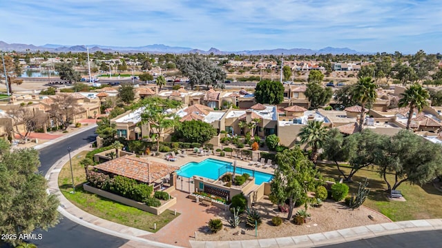 birds eye view of property with a residential view and a mountain view