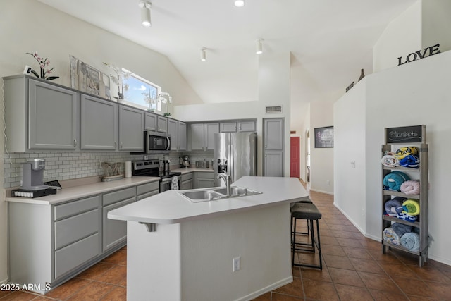 kitchen with a center island with sink, a sink, decorative backsplash, gray cabinetry, and stainless steel appliances