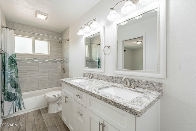 3743 E Coronado Rd, Phoenix, AZ 85008 - full bath with a sink, shower / tub combo with curtain, double vanity, and toilet