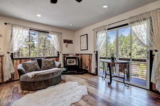 8894 W Lufkin Dr, Pine, AZ 85544 - living area featuring a wood stove, plenty of natural light, hardwood / wood-style floors, wainscoting, and a textured ceiling