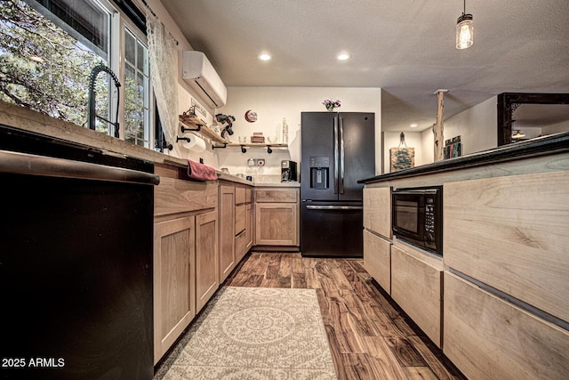 8894 W Lufkin Dr, Pine, AZ 85544 - kitchen with black appliances, a wall mounted AC, dark wood-style floors, open shelves, and recessed lighting