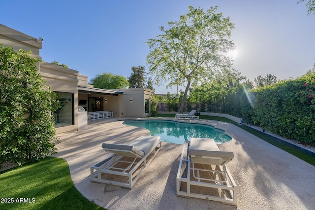 view of swimming pool featuring a fenced in pool and a patio