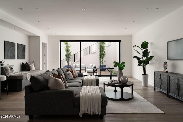 living room with dark wood-type flooring