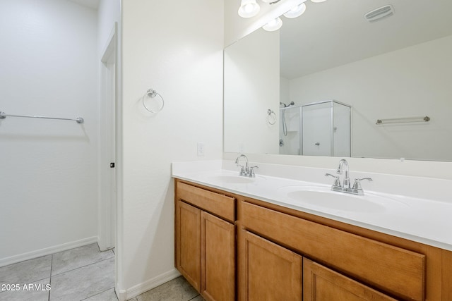 bathroom with a stall shower, visible vents, a sink, and tile patterned floors