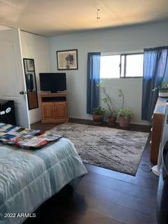 bedroom with dark hardwood / wood-style floors