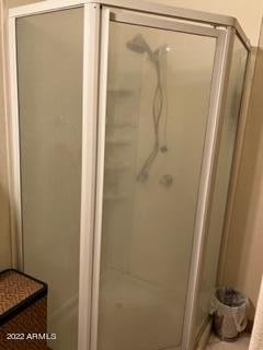 bathroom featuring a shower with shower door