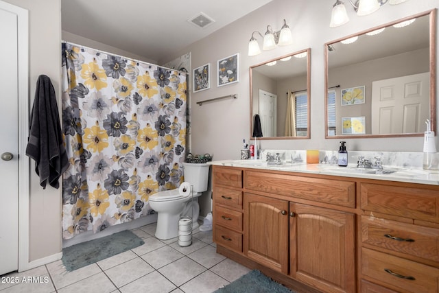 bathroom featuring tile patterned floors, toilet, curtained shower, vanity, and visible vents