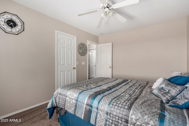 bedroom with carpet floors, baseboards, and ceiling fan