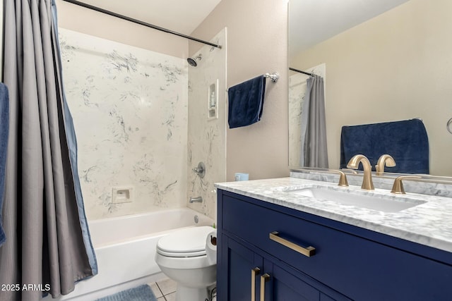bathroom featuring toilet, shower / bathtub combination with curtain, tile patterned flooring, and vanity