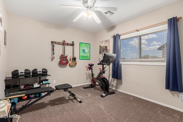 exercise area featuring carpet floors, baseboards, visible vents, and ceiling fan