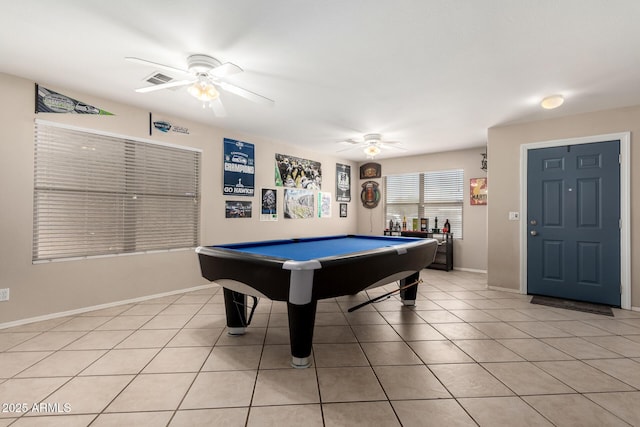 game room featuring light tile patterned floors, baseboards, visible vents, a ceiling fan, and pool table