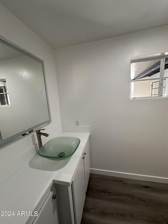 bathroom with vanity and wood-type flooring