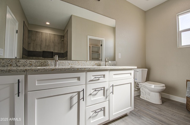 bathroom with vanity, toilet, and wood-type flooring