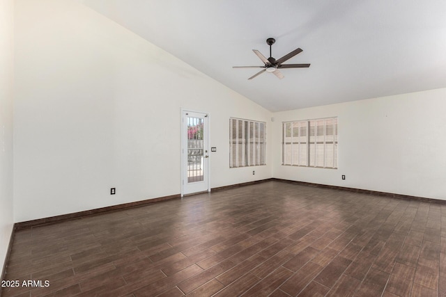 6502 W Wahalla Ln, Glendale, AZ 85308 - unfurnished living room featuring a ceiling fan, dark wood-style flooring, and high vaulted ceiling
