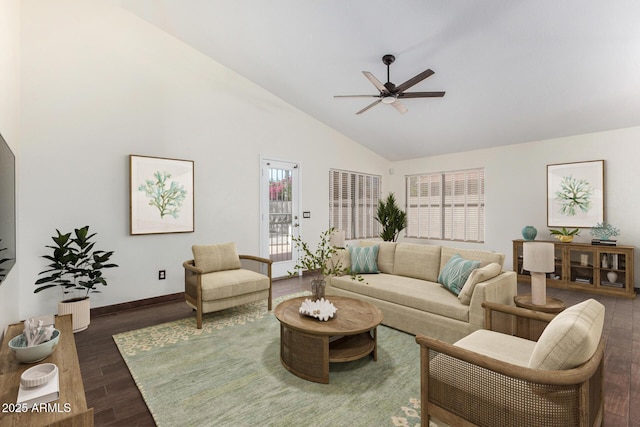 6502 W Wahalla Ln, Glendale, AZ 85308 - living room with ceiling fan, wood finished floors, and high vaulted ceiling