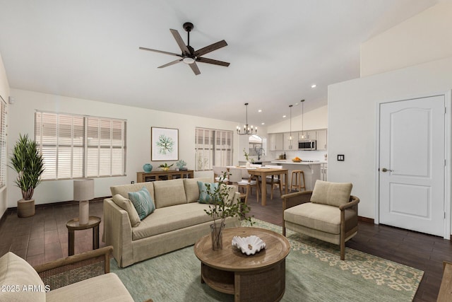 6502 W Wahalla Ln, Glendale, AZ 85308 - living area featuring a ceiling fan, a chandelier, dark wood-style floors, recessed lighting, and high vaulted ceiling