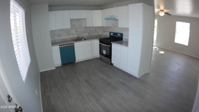 kitchen featuring sink, stainless steel appliances, white cabinets, dark hardwood / wood-style flooring, and decorative backsplash