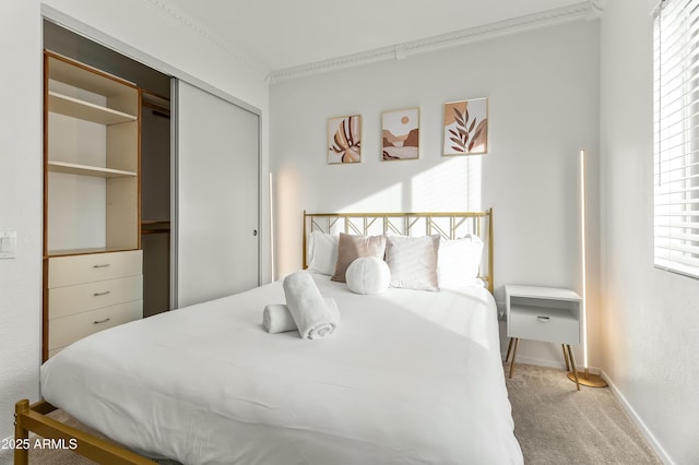 carpeted bedroom featuring crown molding and a closet