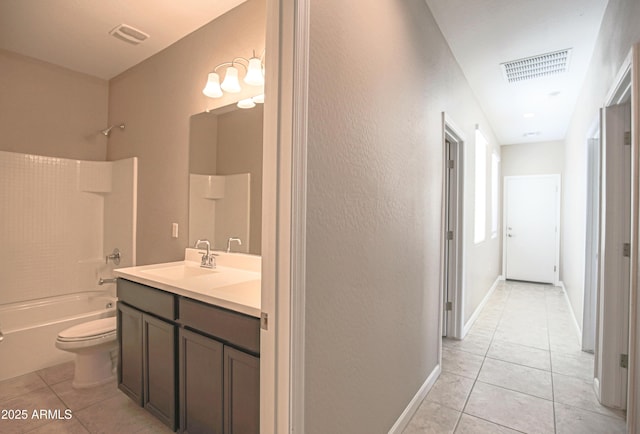 bathroom featuring tile patterned flooring, toilet, vanity, visible vents, and tub / shower combination