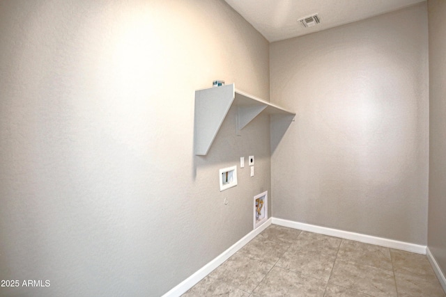 laundry area featuring hookup for a washing machine, visible vents, hookup for an electric dryer, laundry area, and baseboards